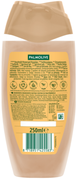 Tył butelki żelu pod prysznic Palmolive 250ml, beżowe opakowanie z zieloną etykietą, widoczne składniki i ikony.