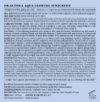 DR.ALTHEA Aqua Glowing Sunscreen, tył opakowania z jasnoniebieską etykietą, widoczna lista składników i instrukcje.