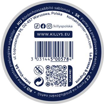 Okrągła niebiesko-biała etykieta Killys na formy do przedłużania paznokci z kodem kreskowym i QR code.