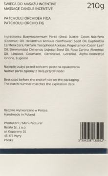 Tył opakowania białej świecy do masażu incentive Patchouli Orchid Fig z listą składników i kodem kreskowym.