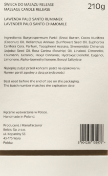 Tył opakowania świecy do masażu HHUUMM Release 210g lawenda, palo santo, rumianek, lista składników.