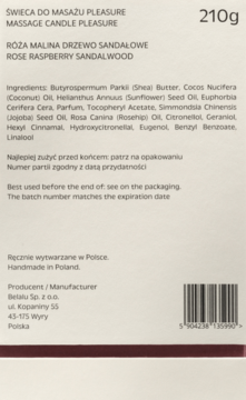 Tył świecy do masażu Pleasure Róża Malina Drzewo Sandałowe 210g, składniki, info producenta, barcode.