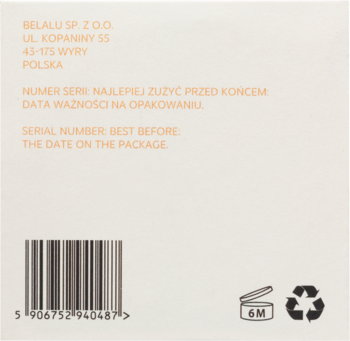 Tył opakowania cukrowego peelingu Hhuumm Jaśmin i Nagietek, beżowy, z adresem, kodem kreskowym, symbolami.