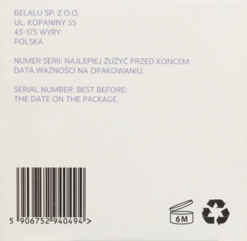 Tył jasnego opakowania Hhuumm Lawenda i Grejpfrut Cukrowy peeling do ciała, z kodem kreskowym i ikoną PAO 6M.