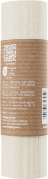 Tył zwiniętej rolki wielorazowych gąbkościerek eco. Brązowa etykieta z QR kodem, tekstem o składzie.