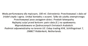 Tył opakowania Wody perfumowanej męskiej Rayhaan Elixir 100ml z polskimi instrukcjami i danymi producenta.