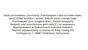 Rayhaan Pacific Aura woda perfumowana, tył opakowania: czarny tekst, instrukcje, ostrzeżenia, dane dystrybutora UE.