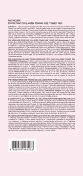 MEDICUBE PDRN Pink Collagen Toner Pad: Tył opakowania z białą etykietą, instrukcją i kodem kreskowym.