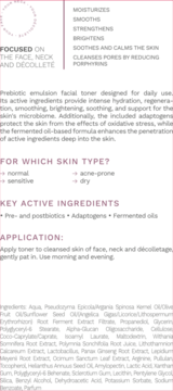 Tył opakowania Prebiotic Emulsion Facial Toner ze szczegółowym opisem produktu i listą składników.