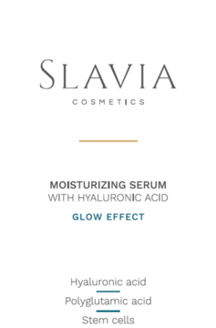 Front etykiety serum nawilżającego Slavia Cosmetics z kwasem hialuronowym, glow effect, na białym tle.