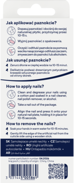 Tył opakowania samoprzylepnych sztucznych paznokci. Biało-niebieskie tło, instrukcje, kod kreskowy i QR.