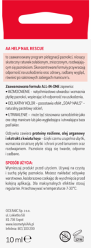 Tył czerwono-białego opakowania AA HELP NAIL RESCUE, odżywki utwardzającej do paznokci, z tekstem i instrukcją użycia.