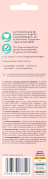 Tył opakowania testu owulacyjnego Facelle. Różowe tło, niemiecki opis funkcji, ikony i kod kreskowy.