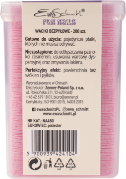 Tył opakowania wacików bezpyłowych Ewa Schmitt Fun Nails, 200 szt., różowe płatki w przezroczystym pojemniku z etykietą.