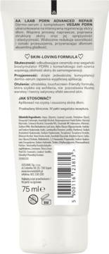 Tył białej tubki AA LAAB Dermo-serum PDRN 75ml, z polskim opisem, składem, kodem kreskowym i napisem VEGAN PORN.