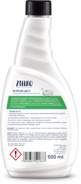 Tylny widok butelki płynu ZIELKO do robotów mopujących, 500 ml, z zieloną etykietą i instrukcją użycia.