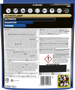 Tył opakowania tabletek do zmywarki Finish Ultimate Plus, z logo Quantum Power, tekstem w wielu językach i symbolem ostrzegawczym.