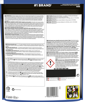 Tył ciemnego opakowania z etykietą, wielojęzycznymi instrukcjami, ostrzeżeniami i ikonami użytkowania produktu do prania.