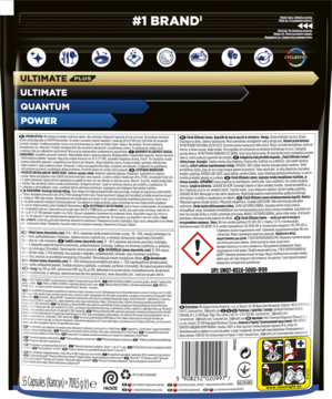 Tylna strona czarnego opakowania kapsułek do zmywarki Finish Ultimate Plus z tabelą porównawczą produktów i opisami.