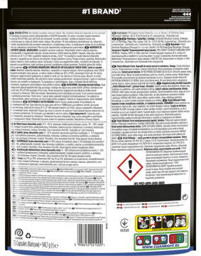 Czarny tył opakowania kapsułek do prania, widoczne wielojęzyczne etykiety, ikony bezpieczeństwa i waga 940g.