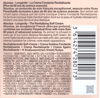 Absolue Revitalizing Soft Cream, tył opakowania z pełną listą składników i kodem kreskowym, na jasnoróżowym tle.