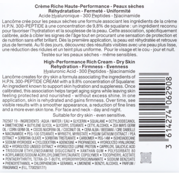 Tył opakowania kremu Lancôme HPN 300-PEPTIDE High-Performance Rich-Cream do suchej skóry, lista składników.