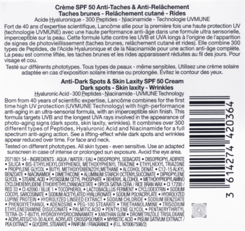 Tył opakowania Lancôme Rénergie H.P.N. UVMUNE Cream SPF 50, biała etykieta ze składem i kodem kreskowym.