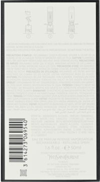 Tył beżowo-czarnego opakowania perfum YSL Libre Intense 50ml, z instrukcją, składem i kodem kreskowym.
