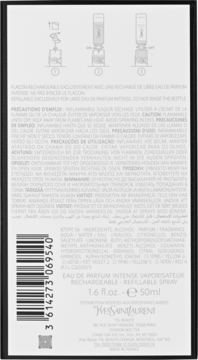 Tył czarnego opakowania perfum Yves Saint Laurent Libre Intense 50ml z instrukcjami uzupełniania i kodem kreskowym.