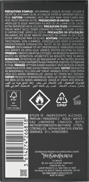 Tył męskich perfum YSL Y z listą składników (alkohol, limonen, geraniol), ostrzeżeniami i kodem kreskowym.