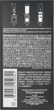 Tył czarnego opakowania męskiej wody perfumowanej YSL Y z instrukcją uzupełniania, składem i kodem.