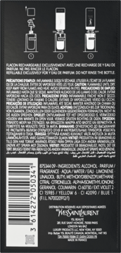 Tył czarnego opakowania perfum YSL Y z instrukcją refill, listą składników, ostrzeżeniami i logo.