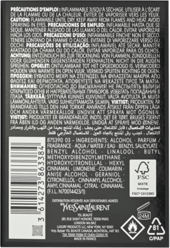 Tył czarnego opakowania perfum YSL Black Opium z listą składników, kodem kreskowym i ostrzeżeniami.