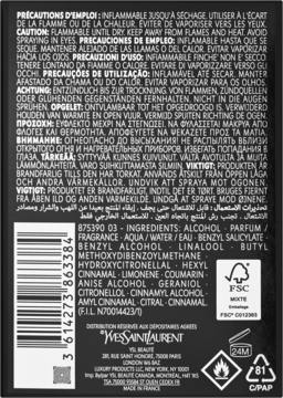 Tył czarnego opakowania perfum YSL Black Opium z tekstem o składnikach, kodem kreskowym i ostrzeżeniami.