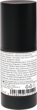 Tył ciemnej, cylindrycznej butelki wygładzającego serum silikonowego 15ml, widoczna lista składników.