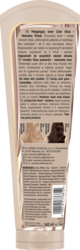 Tył tubki Pielęgnującego tonera Color Gloss Naturalny Połysk 145ml, z opisem i próbkami włosów.
