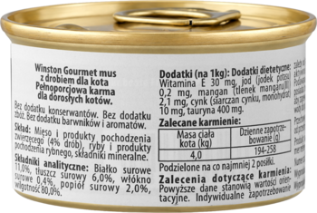 Boczny widok puszki karmy Winston Gourmet mus dla dorosłych kotów, ze szczegółowymi informacjami o składzie.