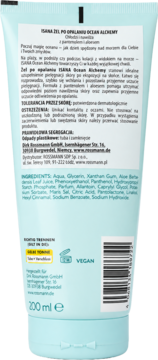 Tył opakowania ISANA Ocean Alchemy żelu po opalaniu, jasnoniebieska tuba z listą składników i logo VEGAN, 200 ml.