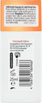 Tył opakowania kropli brązujących ISANA Eternal Glow 25ml, z polskimi instrukcjami i niemieckim adresem.