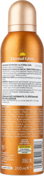 Tył butelki samoopalacza w sprayu Eternal Glow 200ml, złotej, z polskim opisem produktu i składnikami.
