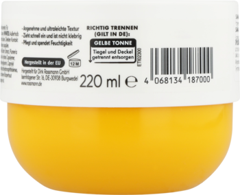 Tył żółtego słoika na krem 220 ml, biała etykieta z niemiecką instrukcją segregacji opakowania do żółtego kosza.