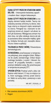 Tył żółtego opakowania sztyftu ISANA PRZECIW OTARCIOM AMOR DEL SOL z opisem, składnikami (shea, kokos), instrukcją, vegan.