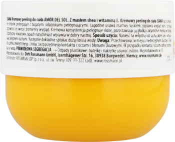 Widok z tyłu na żółty słoiczek peelingu AMOR DEL SOL Rossmann. Biała etykieta z polskim opisem produktu, składem.