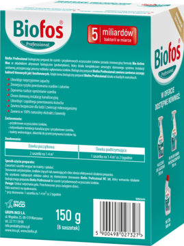 Tył zielono-białego opakowania Biofos Professional, preparatu do szamb, z opisem i dawką, widok pod kątem.