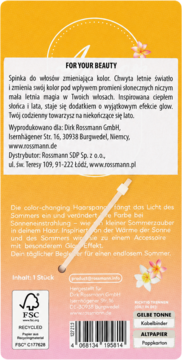 Tył żółtego opakowania spinki do włosów zmieniającej kolor. Widoczny biały klips, napisy, barcode i logo FSC.