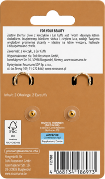Tył brązowego opakowania zestawu biżuterii Eternal Glow: 2 złote kolczyki, 2 ear cuffs, dane producenta Rossmann.