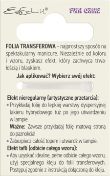 Tył opakowania folii transferowej Ewa Schmitt FUN CARE, beżowy, z czytelną instrukcją aplikacji manicure.