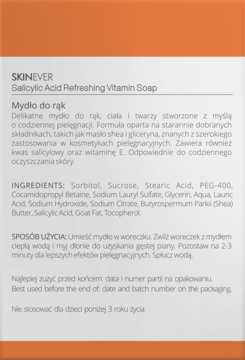 Tył dwukolorowego opakowania SKINEVER Salicylic Acid Refreshing Vitamin Soap, ze składnikami i instrukcjami użycia.
