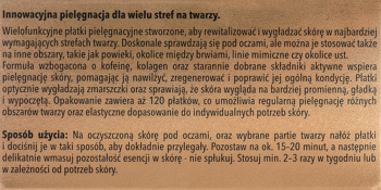 Opis płatków pielęgnacyjnych do twarzy z kofeiną i kolagenem, instrukcja po polsku, beżowe tło.
