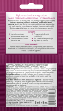 Tył fioletowej, podwójnej saszetki maski PEONIA przeciwzmarszczkowej, z polskim opisem składu.